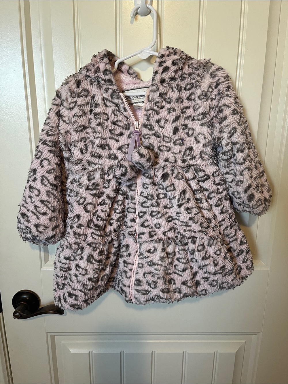 Girls' Pink Leopard Faux-Fur Hooded Puffer Coat with Pom Detail